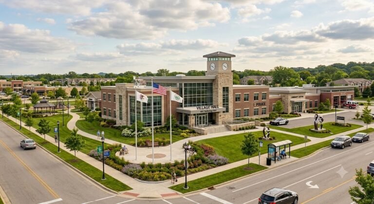 Front entrance of the Village Hall at 9501 Technology Blvd in Rosemont, Illinois.