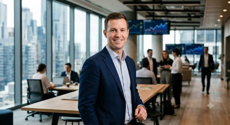 Adam Touni in a professional business setting representing entrepreneurship and financial success.