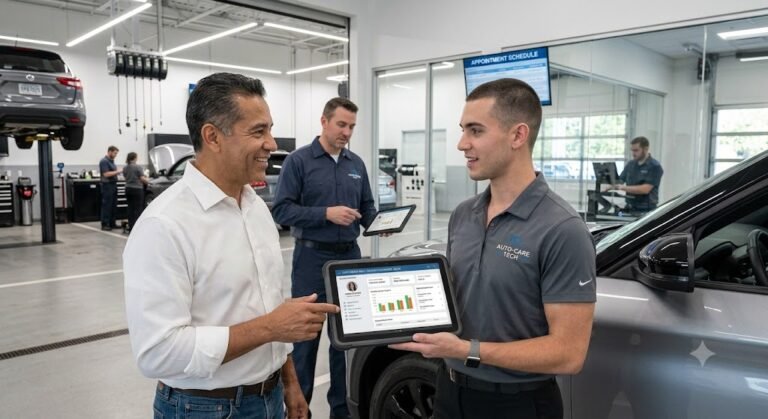 Service advisor using auto repair CRM software to manage customer appointments and vehicle repairs.