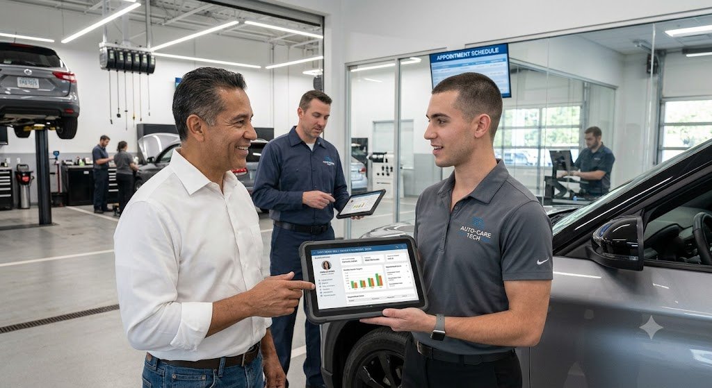 Service advisor using auto repair CRM software to manage customer appointments and vehicle repairs.