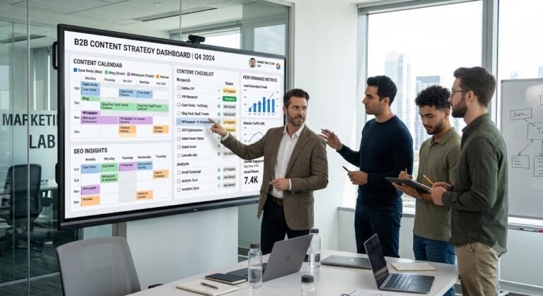 Marketing professionals planning a B2B content marketing strategy using a detailed checklist.