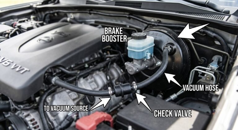 Brake booster check valve connected to a vacuum hose in a vehicle engine bay.