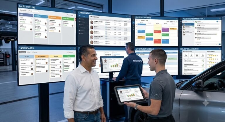 CRM and task management software dashboard showing customer data, projects, and task tracking.