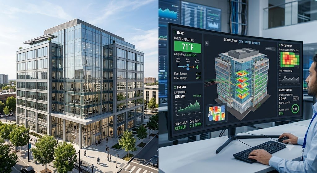 Digital twin facility management dashboard monitoring a smart commercial building in real time.