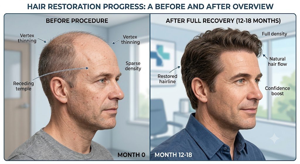 Before and after hair transplant results demonstrating natural hair restoration.