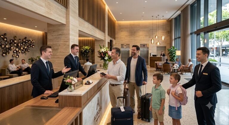 Friendly hotel staff welcoming guests at Tuzialadu Hotel reception.