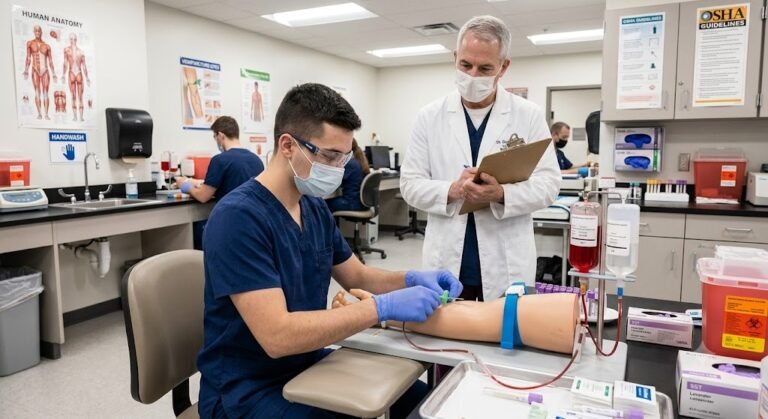 Student attending a phlebotomy class in a clinical training laboratory.