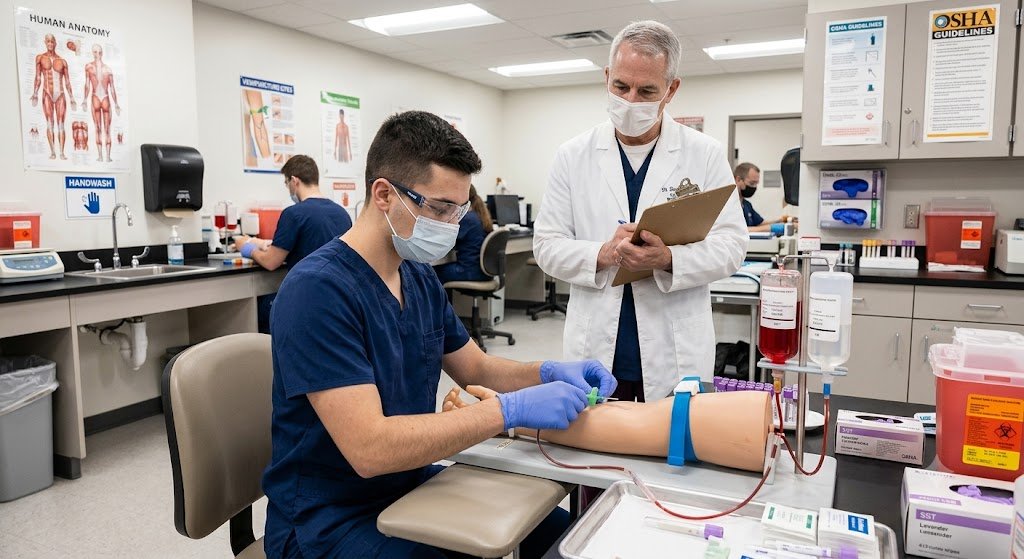 Student attending a phlebotomy class in a clinical training laboratory.