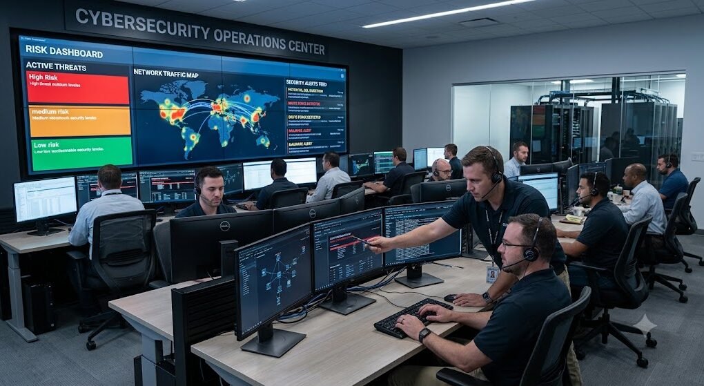 IT professionals implementing an information technology risk management policy in a cybersecurity operations center.