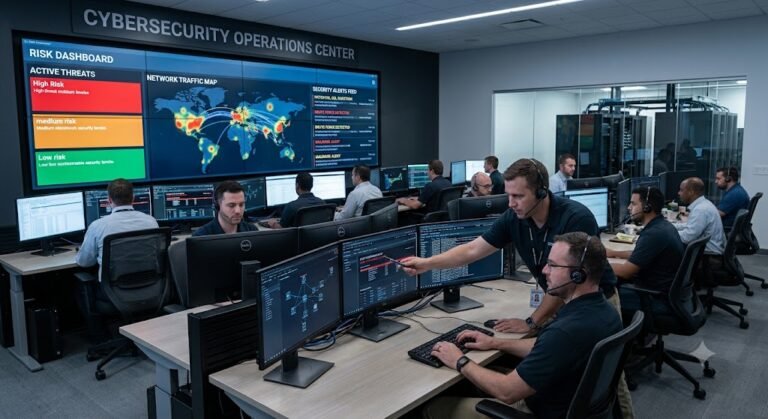 IT professionals implementing an information technology risk management policy in a cybersecurity operations center.