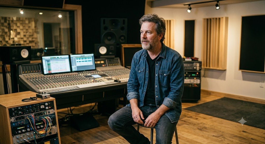 Johnny Argent musician and songwriter in a professional recording studio.