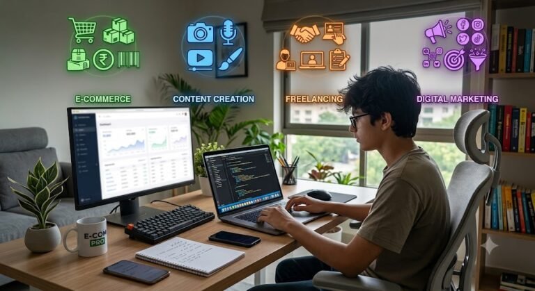 Teenager running an online business from home using a laptop and digital tools.