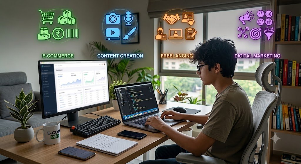 Teenager running an online business from home using a laptop and digital tools.