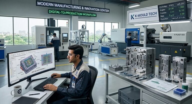 Engineer designing precision molds using RepMold software in a modern manufacturing facility.