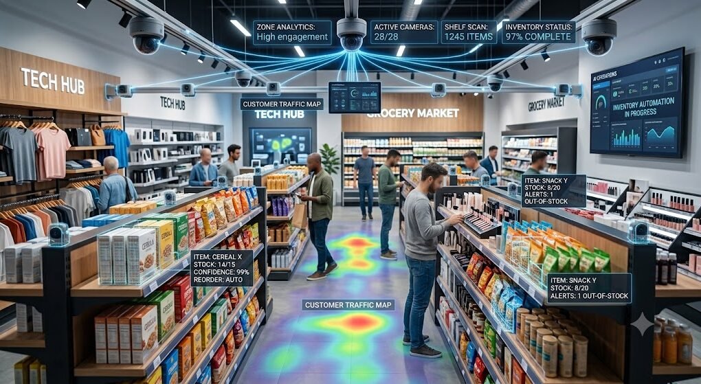 AI vision automation technology monitoring products and customers inside a modern retail store.