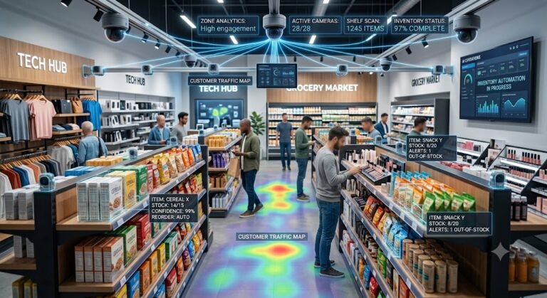AI vision automation technology monitoring products and customers inside a modern retail store.