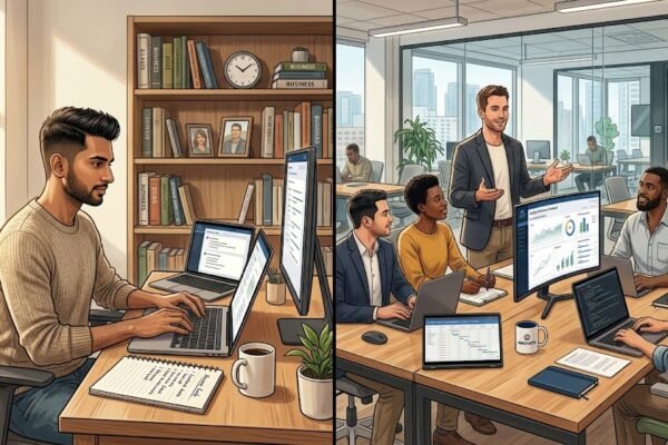 Comparison between a solopreneur working alone and an entrepreneur managing a business team.