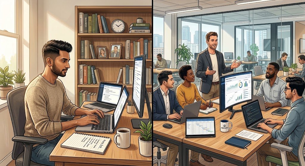 Comparison between a solopreneur working alone and an entrepreneur managing a business team.