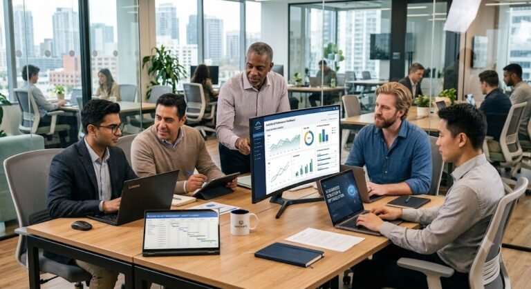 Team using modern tech solutions for business to improve productivity and collaboration.