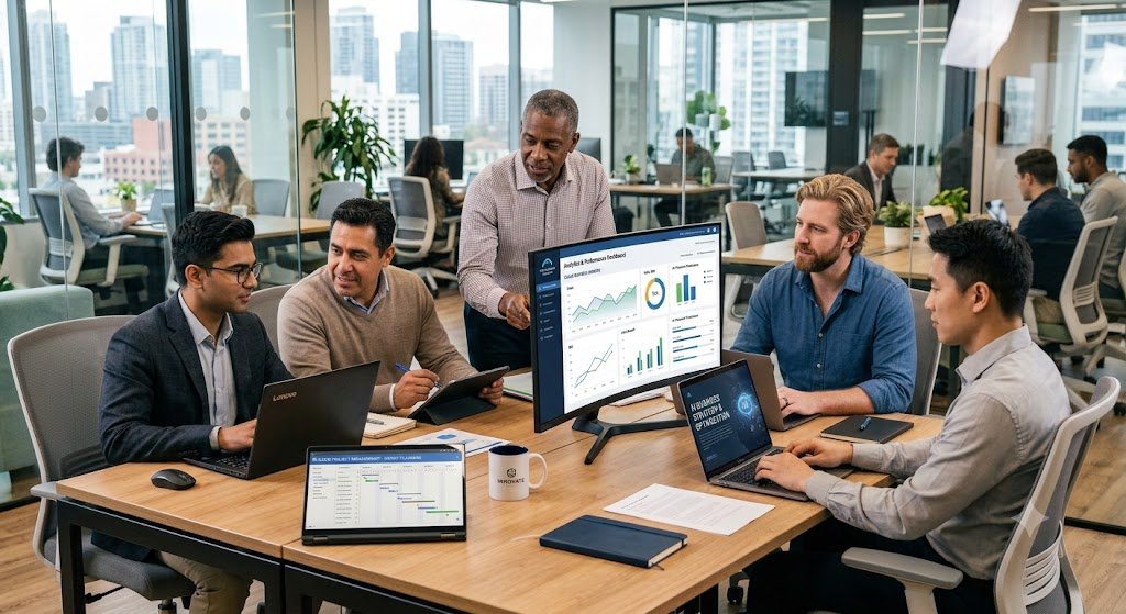 Team using modern tech solutions for business to improve productivity and collaboration.