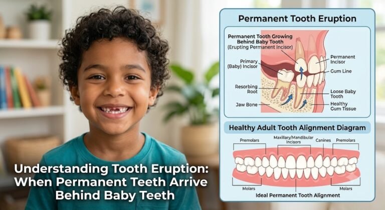 Illustration of teeth growing behind milk teeth with a permanent tooth emerging behind a baby tooth.