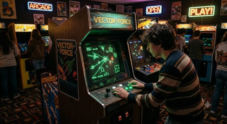Classic vector based arcade game displayed on a vintage arcade cabinet with glowing line graphics.