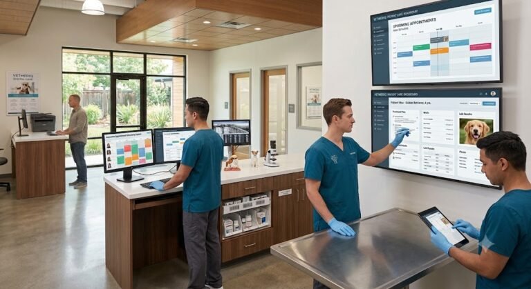 Veterinary professionals using automated practice management software in a modern clinic.