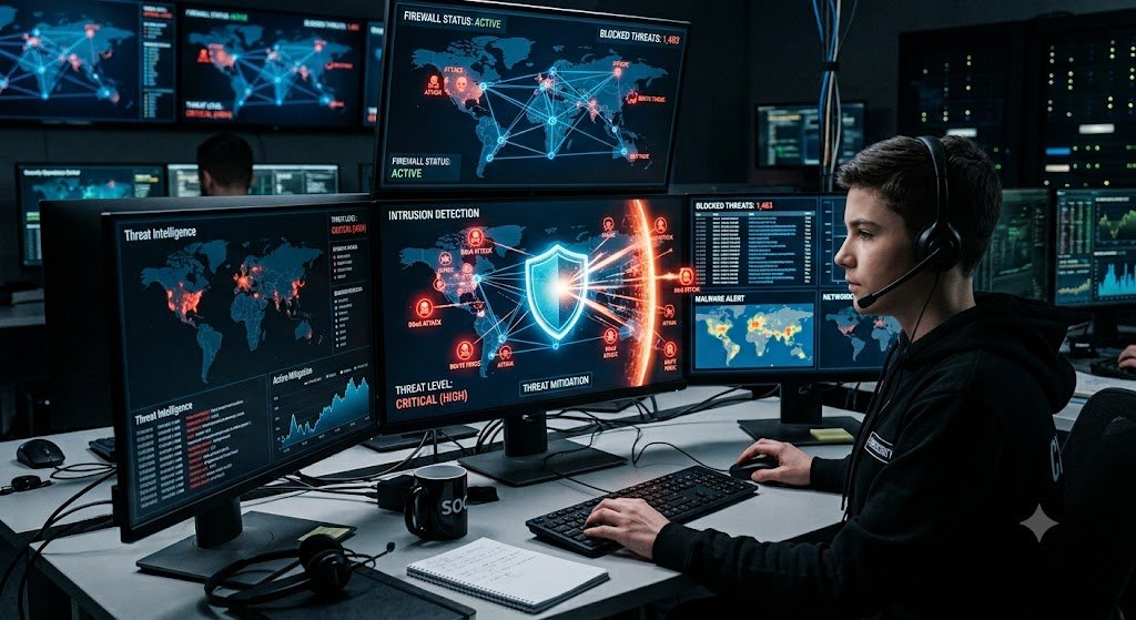 Cybersecurity expert implementing mitigation techniques to prevent cyber attacks.