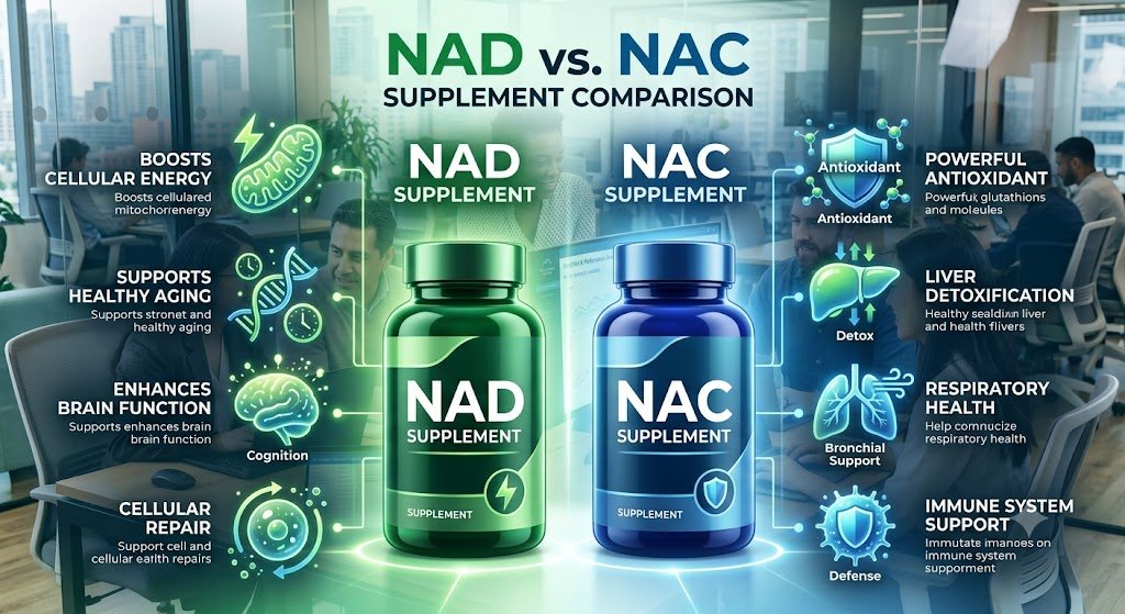 Difference between NAD and NAC supplements comparison with health benefits.